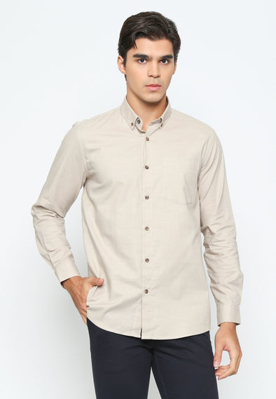 Men'S Plain Cream Long Sleeve Shirt