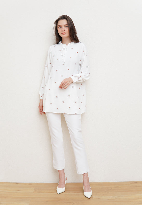 Off White Embroidered Puff Sleeve Tunic