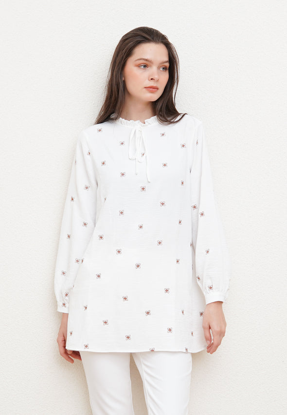 Off White Embroidered Puff Sleeve Tunic