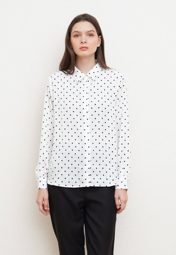Off-White with Black Polka Dot Motif Long Sleeve Shirt