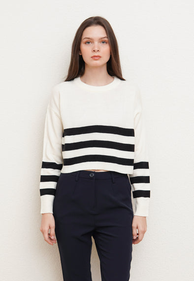 Off-White Long Sleeve Sweater with Black Striped Motif