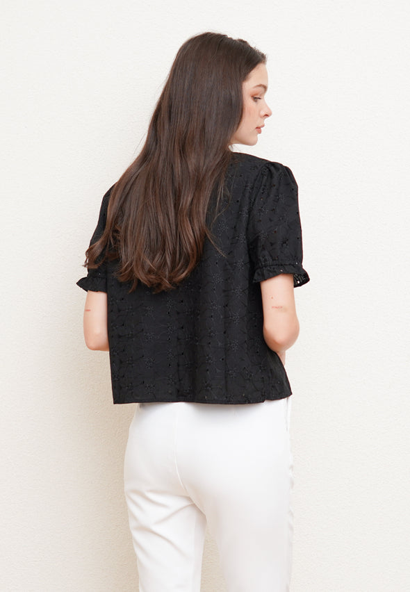 Black Lace Puff Sleeve Blouse