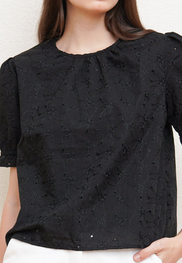 Black Lace Puff Sleeve Blouse