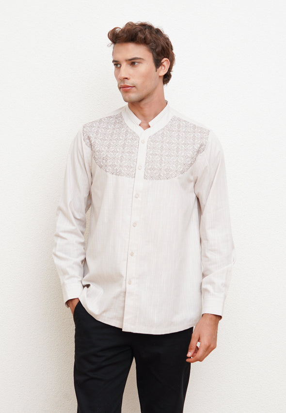 Beige Texture Men's Long Sleeve Embroidery Detail Festive Shirt