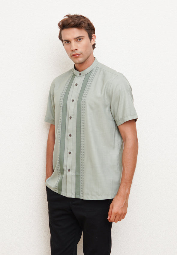 Sage Green Texture Men's Short Sleeve Embroidery Detail Festive Shirt