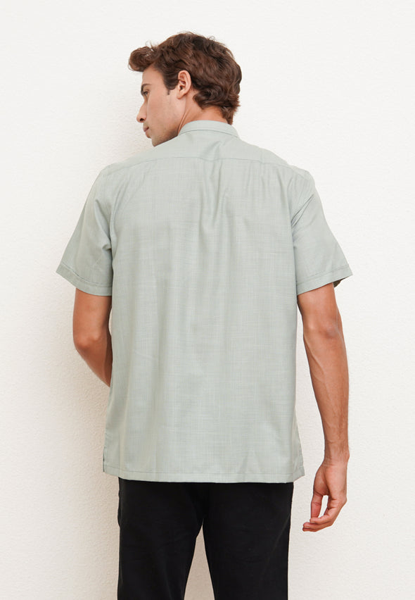 Sage Green Texture Men's Short Sleeve Embroidery Detail Festive Shirt