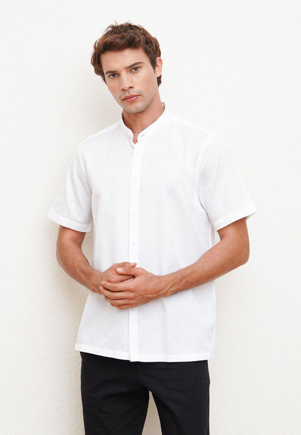 White Texture Men's Short Sleeve Embroidery Detail Festive Shirt