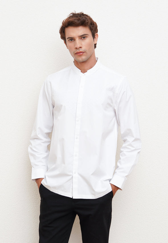 White Texture Men's Long Sleeve Embroidery Detail Festive Shirt
