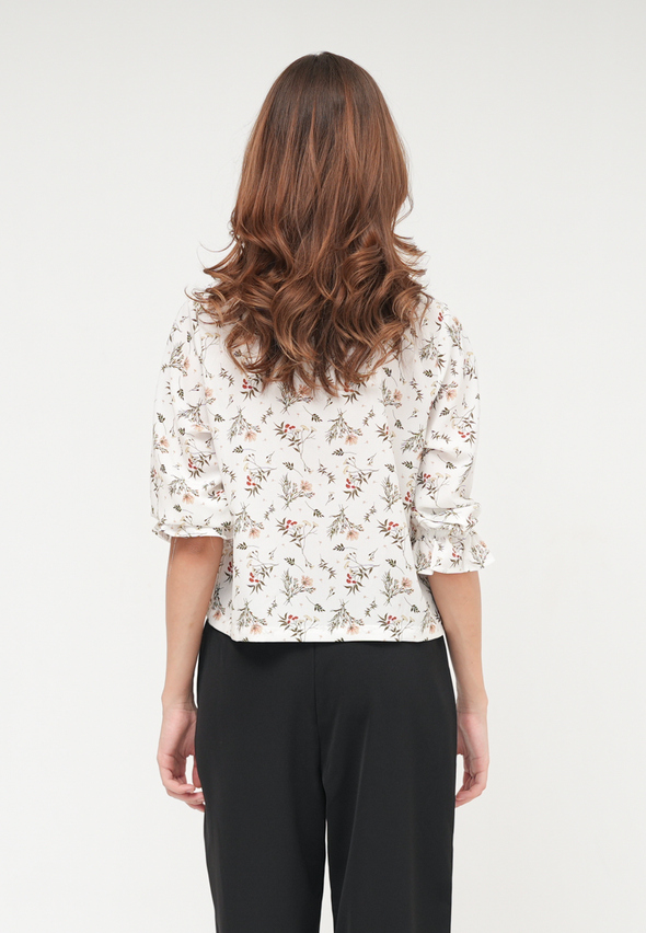 Women'S Flower Motif Short Sleeved V-Neck Blouse