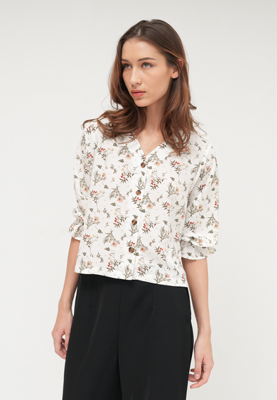 Women'S Flower Motif Short Sleeved V-Neck Blouse