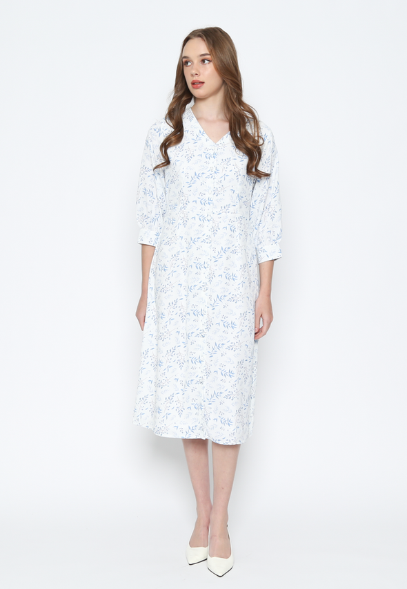 White Midi Floral Dress with Blue Motifs