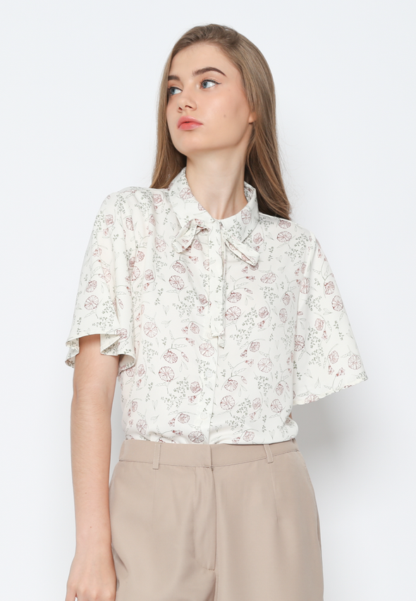 White Floral Motif Bowtie Blouse For Women