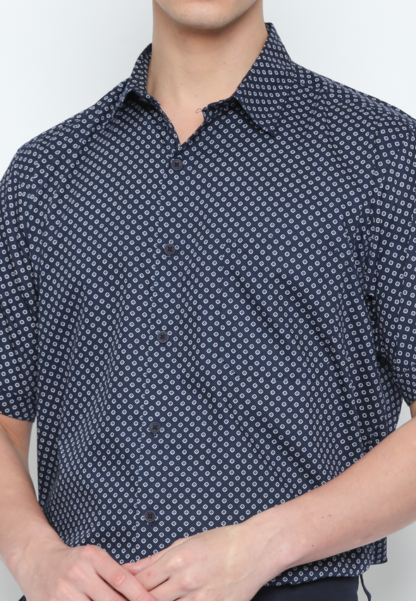 Men'S Blue Geometric Print Short Sleeve Shirt