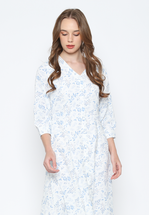 White Midi Floral Dress with Blue Motifs