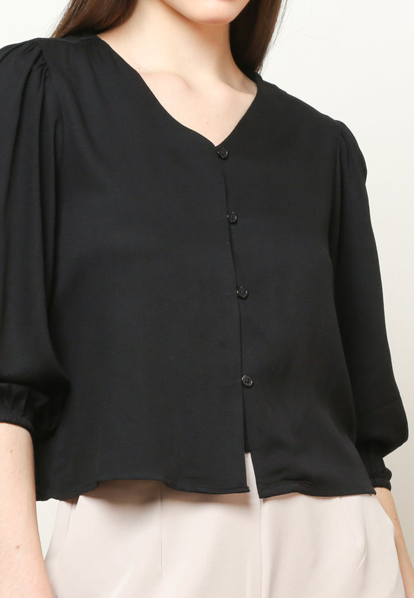 Women's Plain Black V Neck Blouse