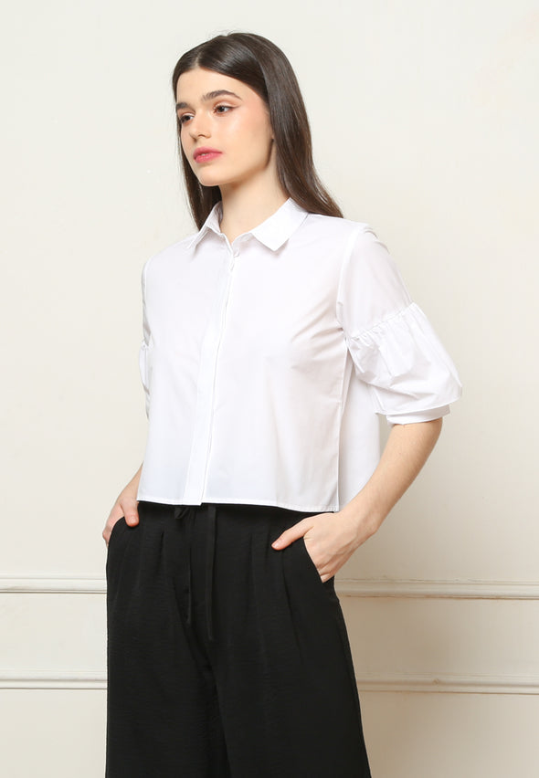 Women's White Balloon Short Sleeve Shirt