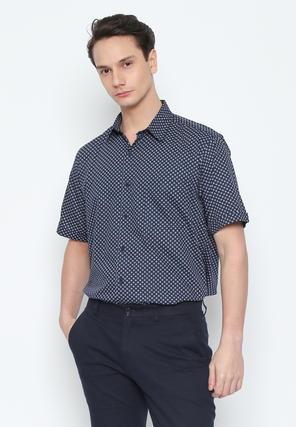 Men'S Blue Geometric Print Short Sleeve Shirt