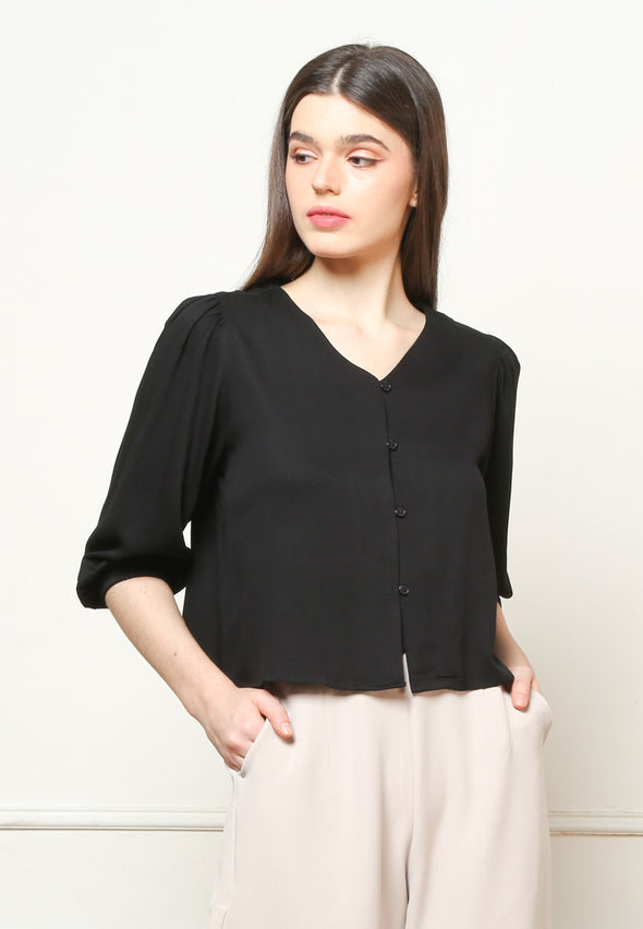 Women's Plain Black V Neck Blouse