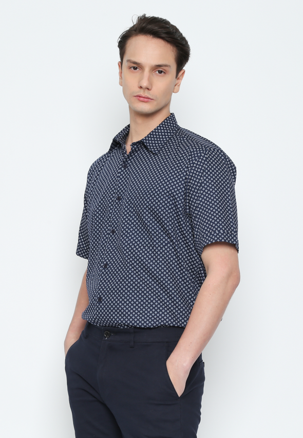 Men'S Blue Geometric Print Short Sleeve Shirt