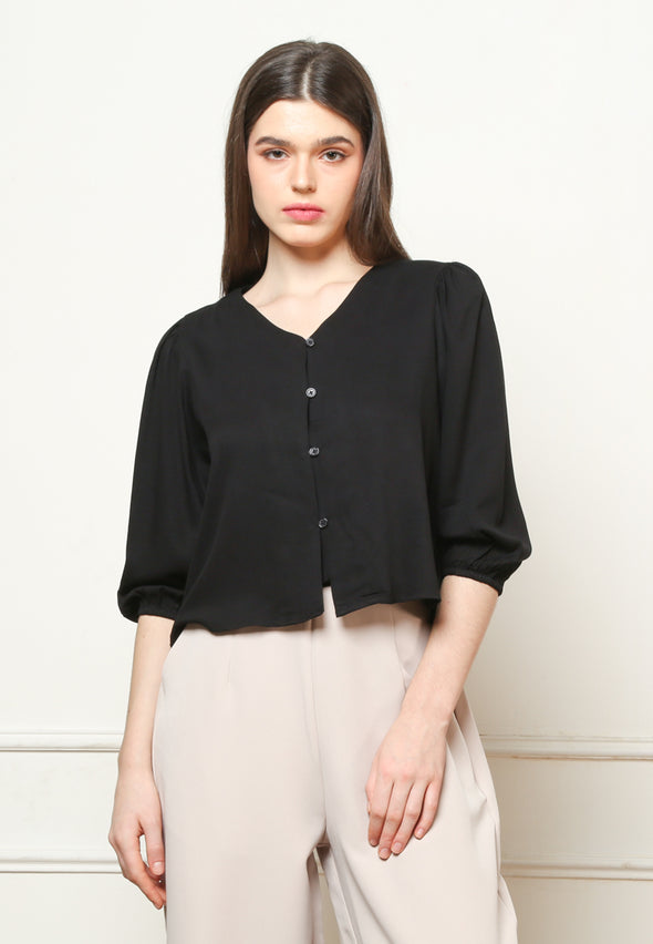 Women's Plain Black V Neck Blouse