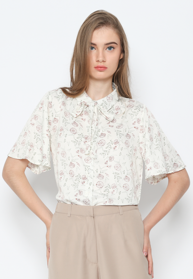 White Floral Motif Bowtie Blouse For Women