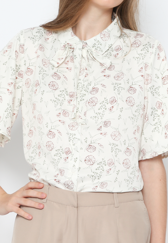 White Floral Motif Bowtie Blouse For Women