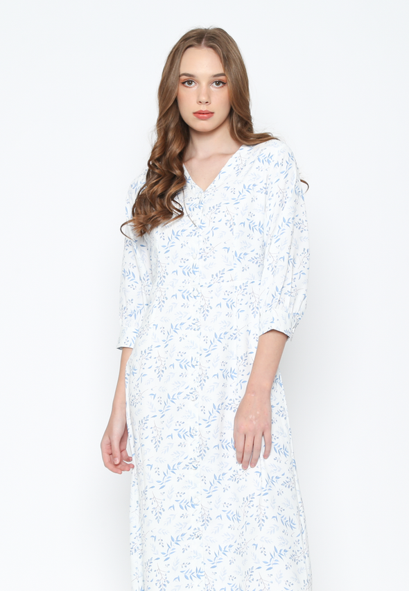 White Midi Floral Dress with Blue Motifs