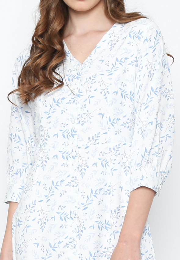 White Midi Floral Dress with Blue Motifs