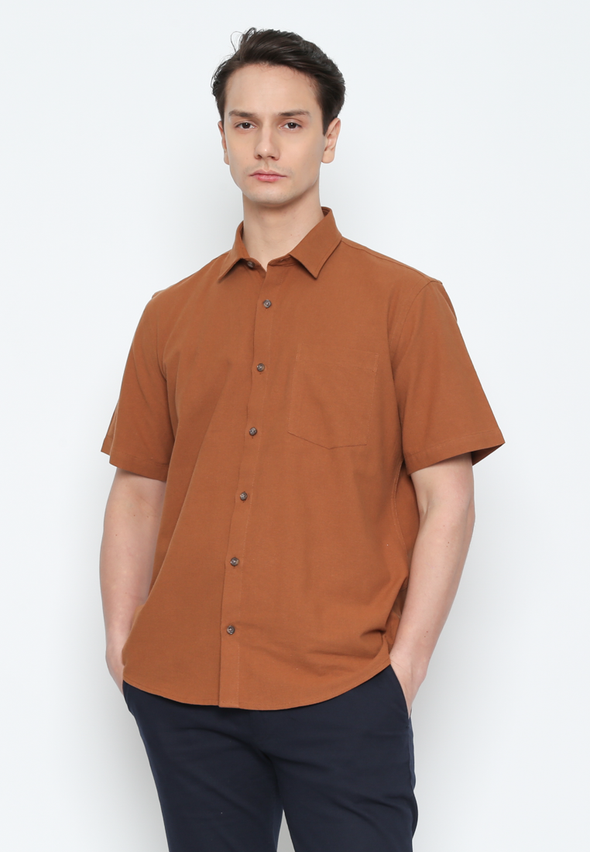 Short Sleeve Regular Fit Shirt With Brown Pockets For Men