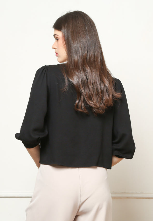 Women's Plain Black V Neck Blouse