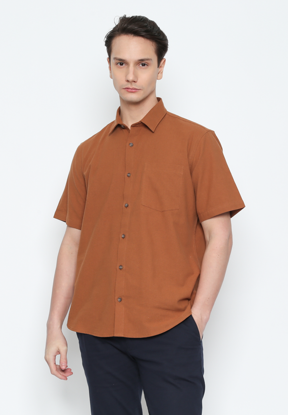 Short Sleeve Regular Fit Shirt With Brown Pockets For Men