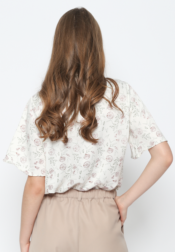 White Floral Motif Bowtie Blouse For Women