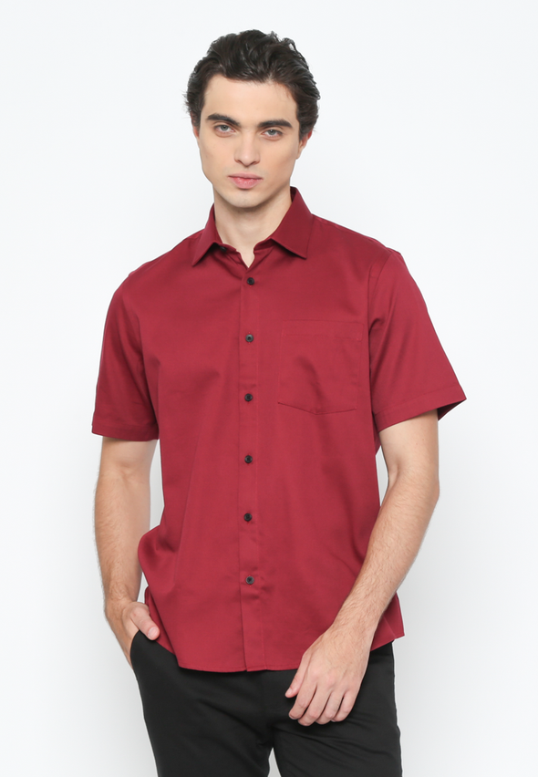 Men's Red Short Sleeve Plain Shirt With Pockets