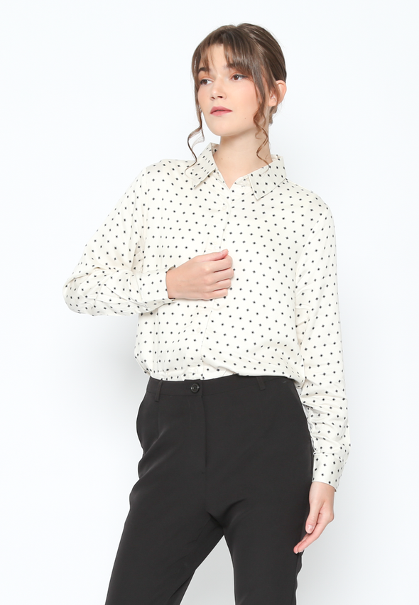 Ladies Women'S Long Sleeve Shirt Cream With Motif