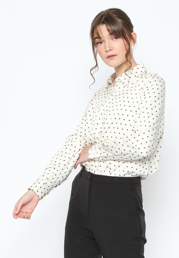 Ladies Women'S Long Sleeve Shirt Cream With Motif