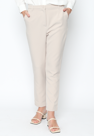 Slim Tapered Cut Cream Women'S Long Pants