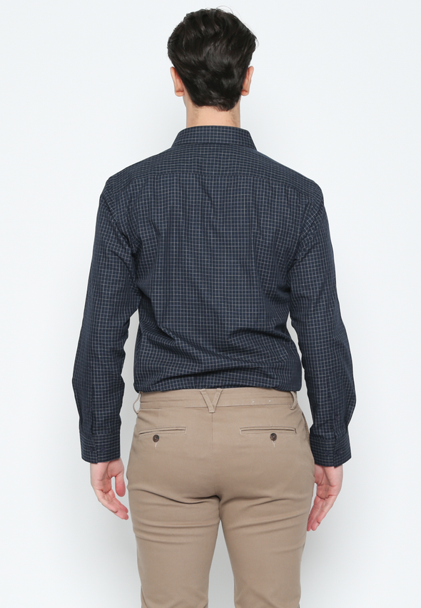 Men'S Blue Checked Long Sleeve Slim Fit Shirt