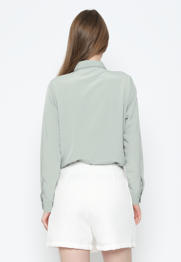 Women'S Plain Green Bowtie Blouse