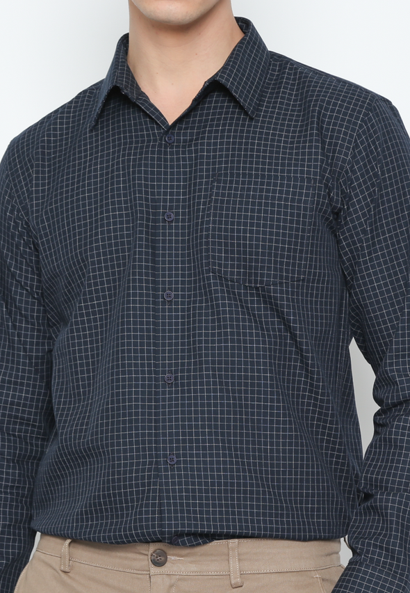 Men'S Blue Checked Long Sleeve Slim Fit Shirt