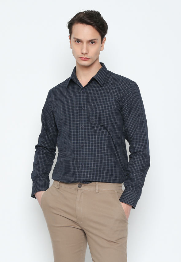 Men'S Blue Checked Long Sleeve Slim Fit Shirt