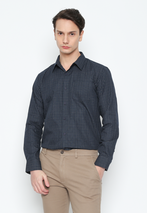 Men'S Blue Checked Long Sleeve Slim Fit Shirt