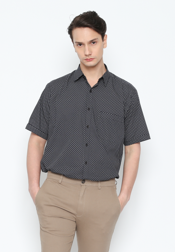 Black Geometric Print Short Sleeve Shirt For Men