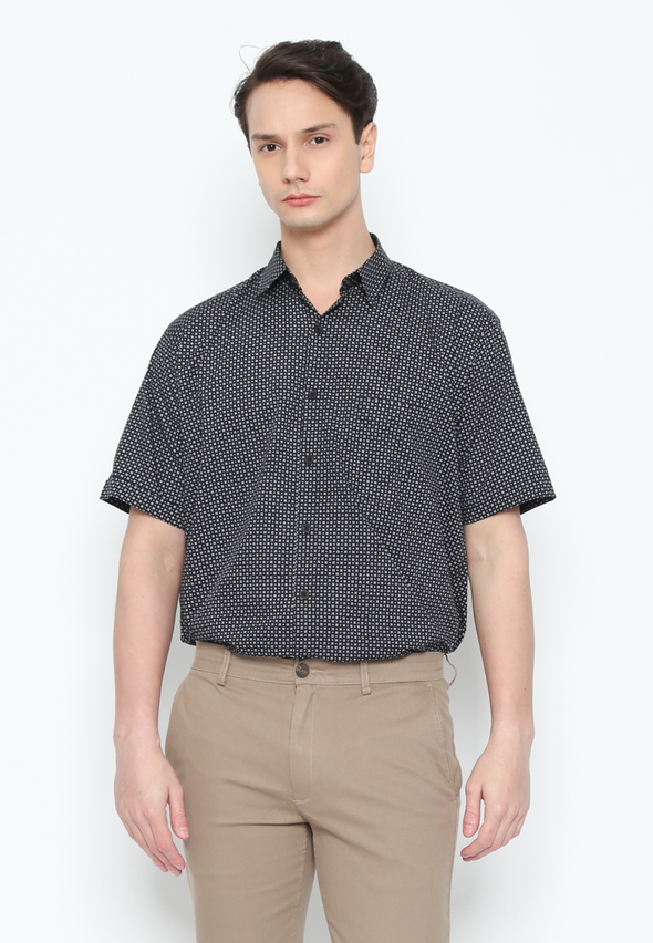 Black Geometric Print Short Sleeve Shirt For Men