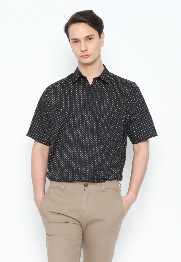 Black Geometric Print Short Sleeve Shirt For Men