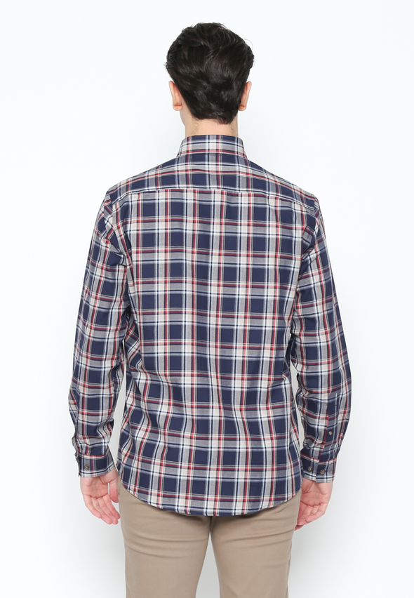 Men'S Blue Checked Long Sleeve Regular Fit Shirt