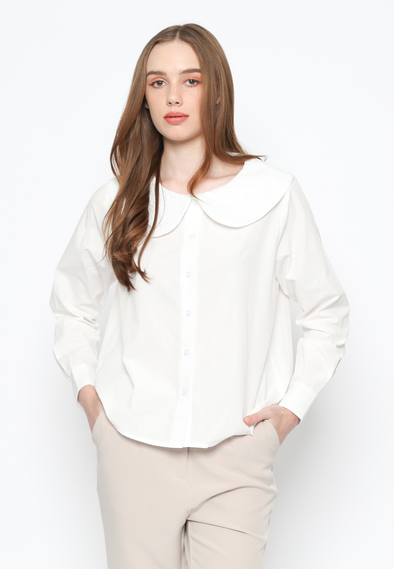 White Crinkle Cotton Long Sleeve Women's Blouse