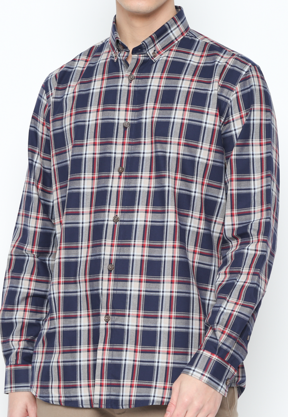 Men'S Blue Checked Long Sleeve Regular Fit Shirt