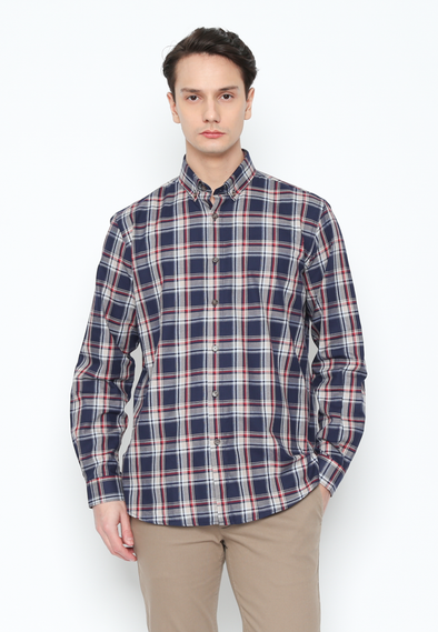 Men'S Blue Checked Long Sleeve Regular Fit Shirt