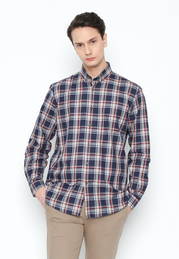 Men'S Blue Checked Long Sleeve Regular Fit Shirt