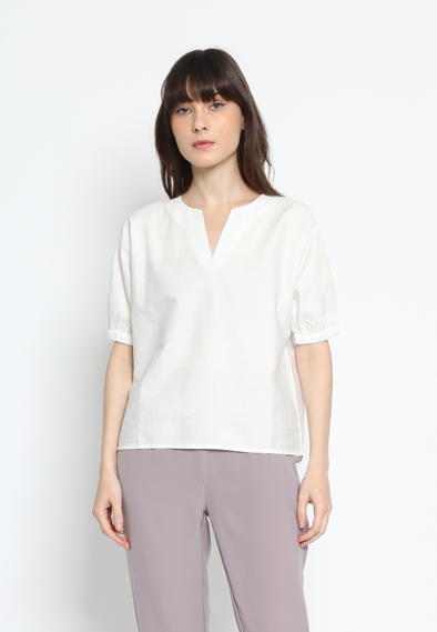 Off White V-Neck Ruched Sleeve Blouse